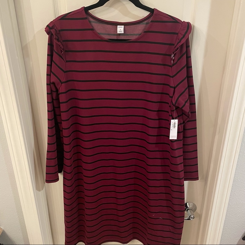 Burgundy/Black Striped Dress w/Ruffled Shoulders